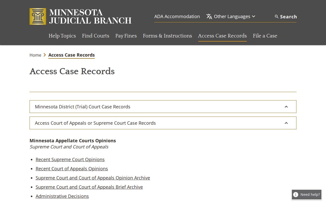 Minnesota public court record access page for Anoka County warrant records