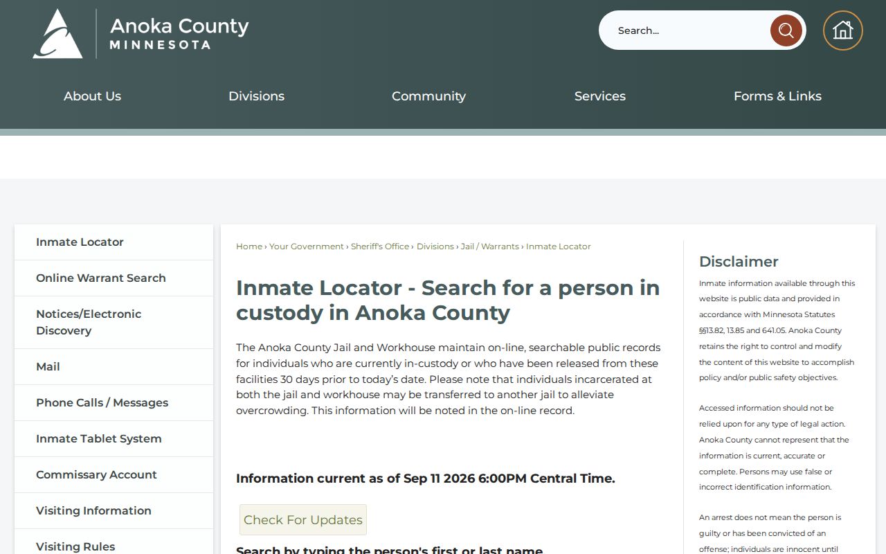 Custody locator page that is separate from Anoka County active warrants records