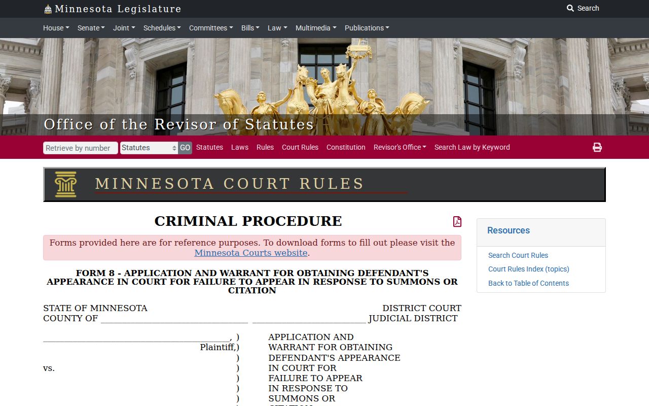 Blank Minnesota court form used for Anoka County bench warrant records