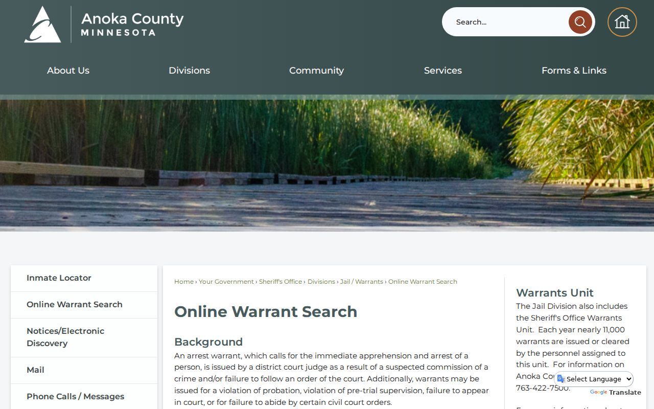 Anoka County online warrant search notice for Anoka County warrant records